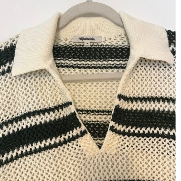 NWOT Madewell Open-Stitch Johnny Collar Sweater In Summit Green Stripe Size M - Picture 2 of 5